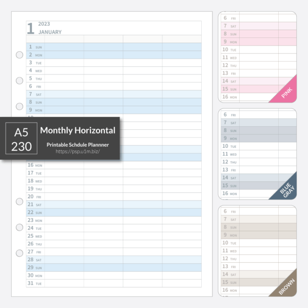 A5_230 Monthly Horizontal Planner